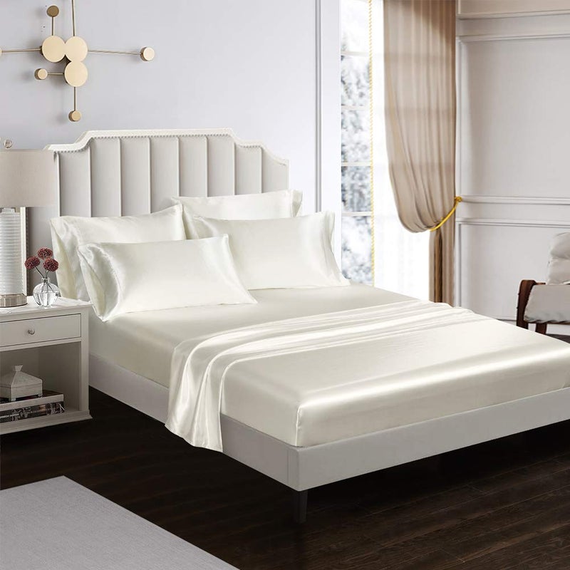 AiMay 6 Piece Satin Bed Sheet Set Deep Pocket Luxury Rich Silk Silky Super Soft Solid Color Reversible Stain-Resistant Wrinkle Free (King,Off White) - Image 4